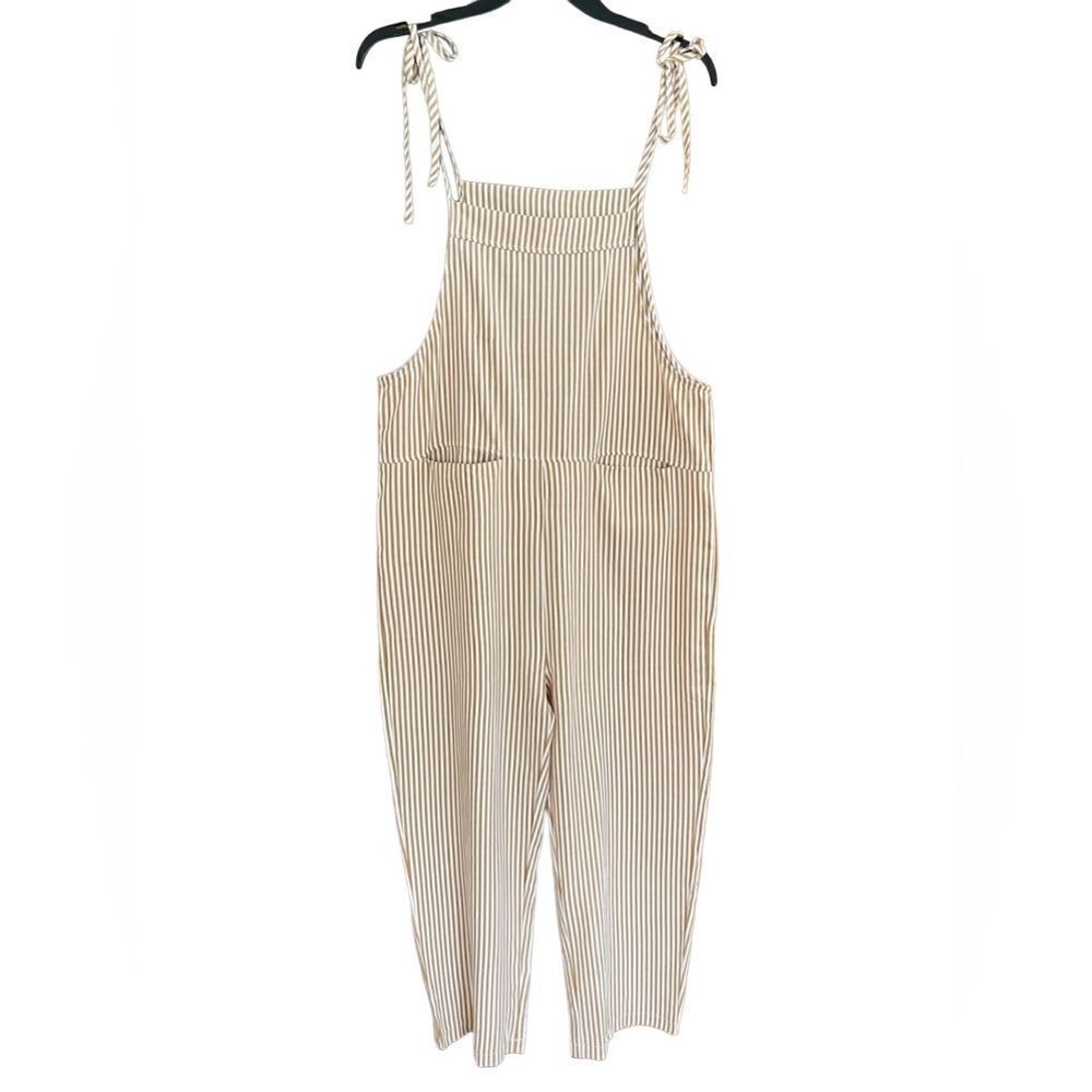 Spaghetti strap one piece tan/gold white striped jumpsuit size M